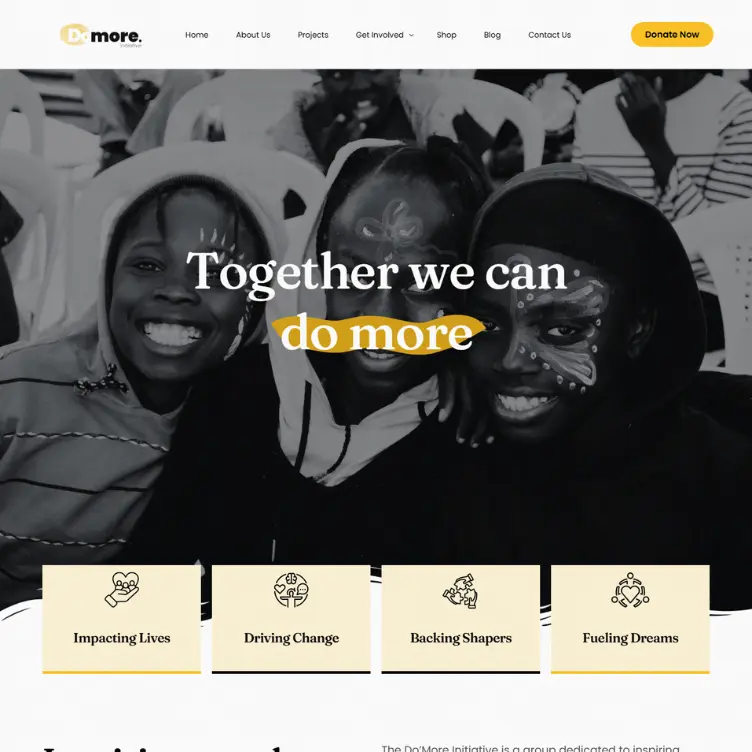 Screenshot of Domore Initiative, an NGO website in Jos Nigeria showing the hero section made by website designer in Jos Nigeria