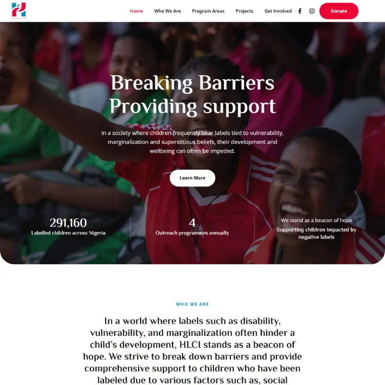 Screenshot of Hope For The Labelled Child website showing the hero section